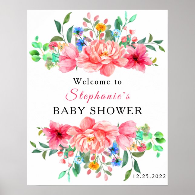 Affiche Élégante Baby Shower Fleur de rose rose (Devant)