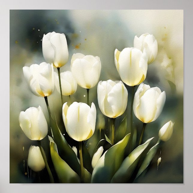 Affiche Élégante bande de tulipes blanches dans un jardin  (Devant)