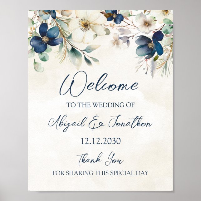 Affiche Élégante Bienvenue de Mariage d'Hiver à Fleurs Ble (Devant)