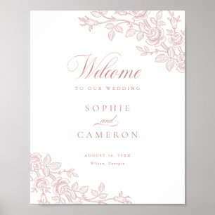 Affiche Élégante Bienvenue de Mariage Fleurie Vintage Rose