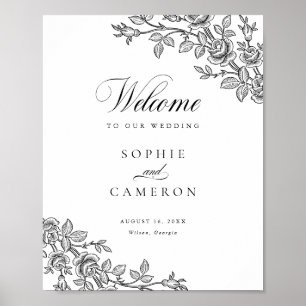 Affiche Élégante Bienvenue de Mariage Floral Vintage Noir