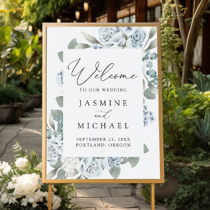 Affiche Élégante Bienvenue de Mariage Florale Bleu Poussié