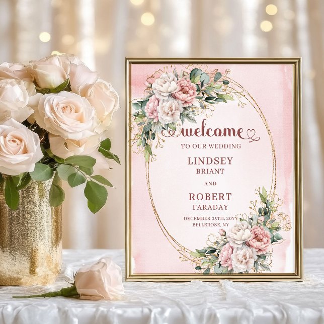 Affiche Élégante Bienvenue de Mariage Florale de Verdure O (Elegant Floral Greenery Rose Gold Wedding Welcome)