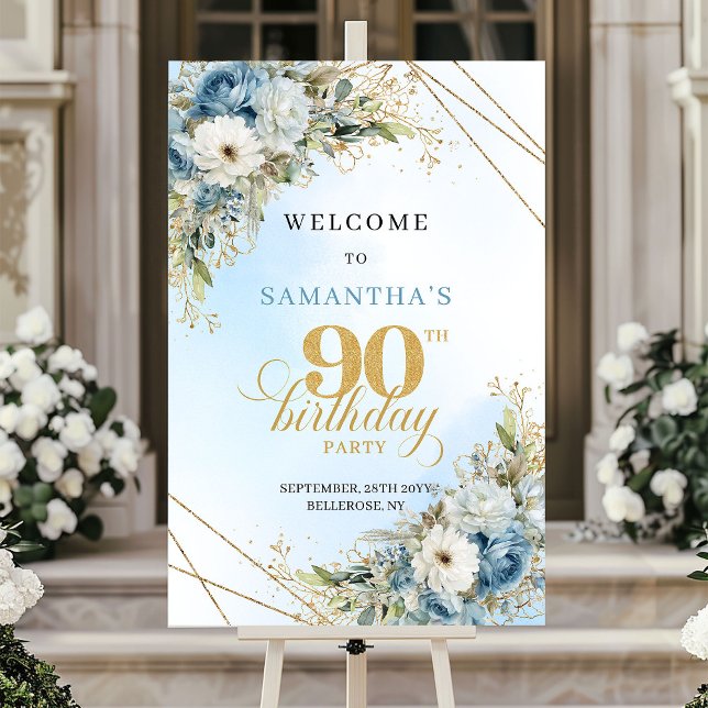 Affiche Élégante bienvenue pour les 90 ans Boho bleu pouss (dusty blue flowers 90TH BIRTHDAY,
winter wreath RUSTIC digital poster,
bohemian boho trendy colors w)