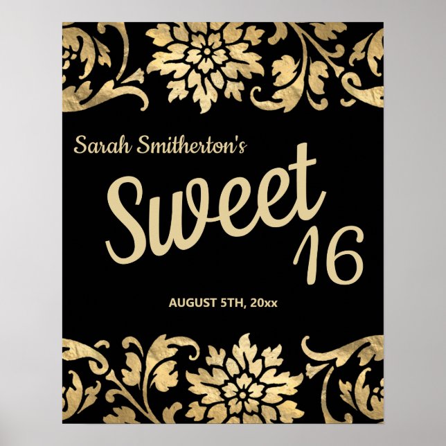 Affiche Elégante Black Gold Flowers Sweet 16 Anniversaire (Devant)