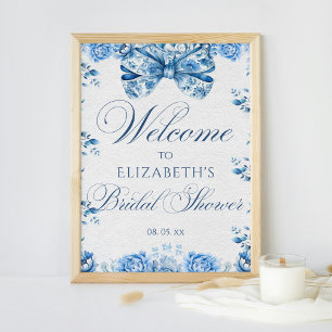 Affiche Elégante Blue Floral Bow Toile Calligraphie Bienve
