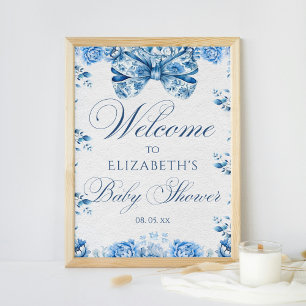 Affiche Elégante Blue Floral Bow Toile Calligraphie Bienve