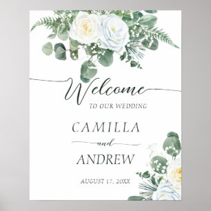 Affiche Elégante Boho Roses blanches avec verdure Bienvenu