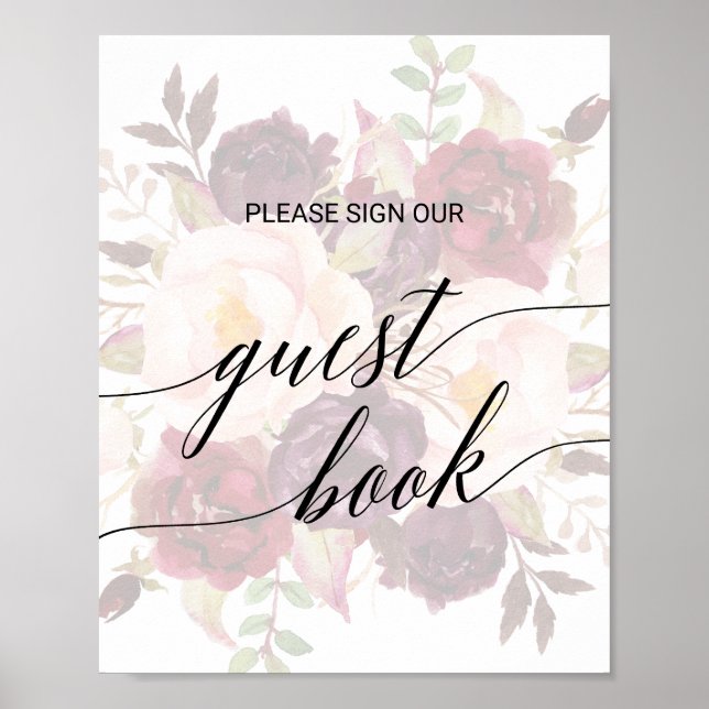 Affiche Élégante calligraphie Faded Floral Guest Book Sign (Devant)
