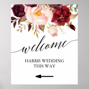 Affiche Élégante calligraphie Florale Mariage de bienvenue
