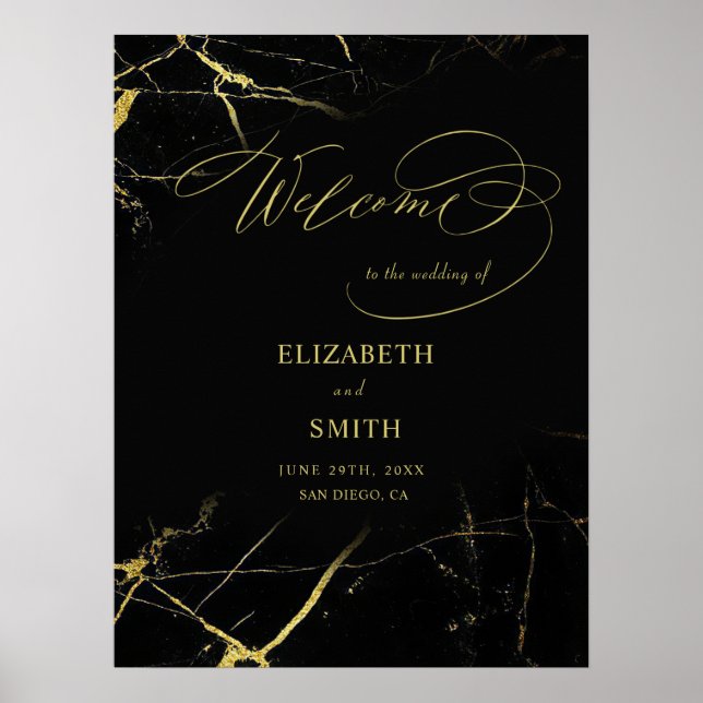 Affiche Élégante calligraphie Mariage en marbre doré (Devant)