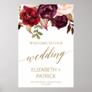 Affiche Élégante calligraphie or Floral Mariage Bienvenue