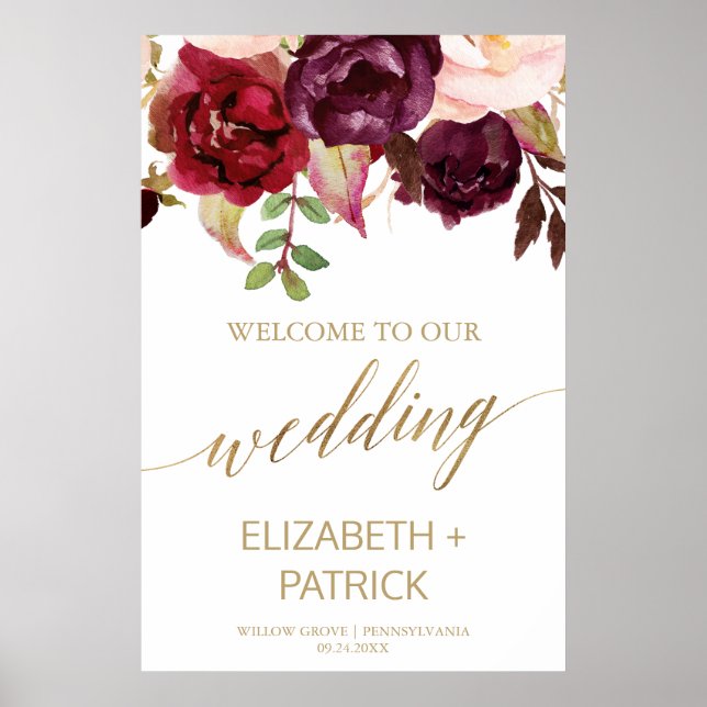 Affiche Élégante calligraphie or Floral Mariage Bienvenue (Devant)
