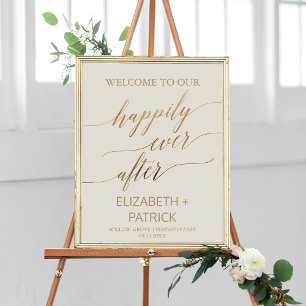 Affiche Élégante Calligraphie Or Happy Jamais Après