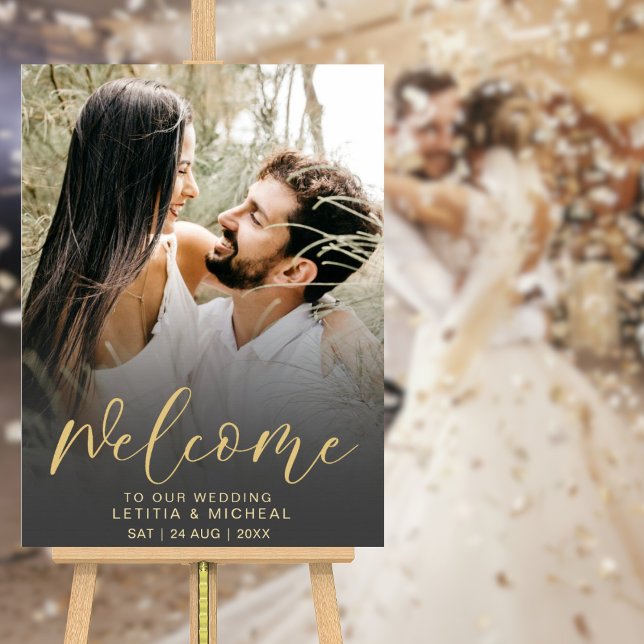 Affiche Élégante Calligraphie Photo de Mariage Noir & Or  (Créateur téléchargé)