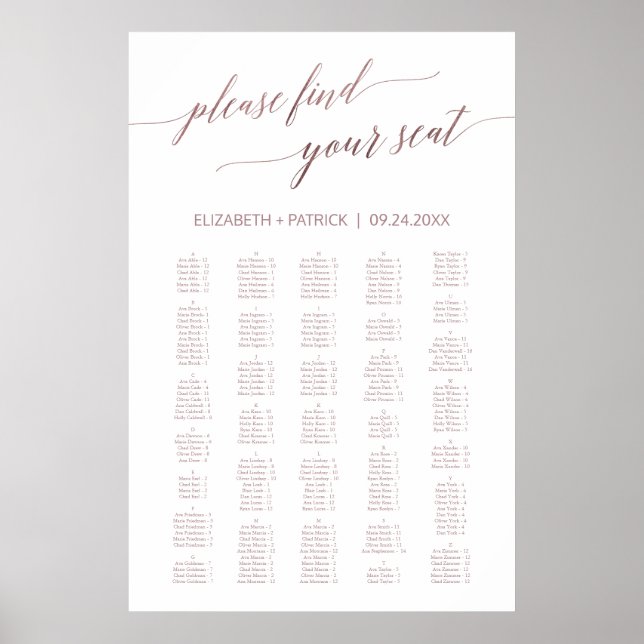 Affiche Élégante calligraphie Rose Or 200+ Seating Chart (Devant)