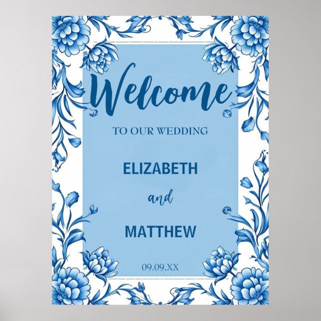 Affiche Elégante Chinoiserie bleu et blanc Mariage antique (Devant)