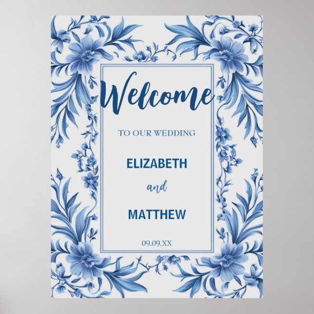 Affiche Elégante Chinoiserie bleu et blanc Mariage antique (Devant)