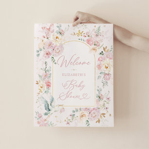 Affiche Élégante cigogne rose rose floral rose Bébé Fille