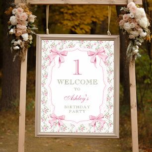 Affiche Elégante coquette Bow rose 1er anniversaire Bienve