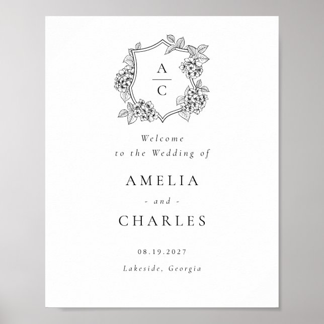 Affiche Élégante Crête d'Hydrangea Florale Mariage Bienven (Devant)