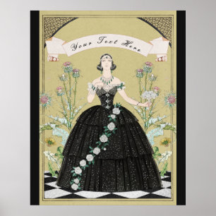 Affiche Élégante Dame Gothique Victorienne Roses Blanches