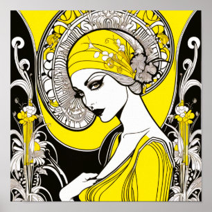 Affiche Elégante Dame Jaune & Noir Art Nouveau