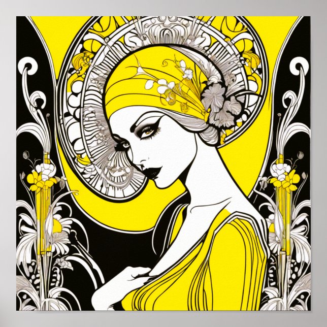 Affiche Elégante Dame Jaune & Noir Art Nouveau (Devant)