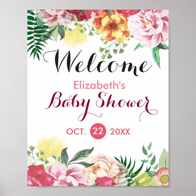 Affiche élégante de baby shower floral aquarelle (Devant)