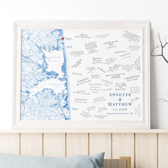 Affiche élégante de registre des invités pour mari (Rehoboth Beach Map Alternative Guest Book Poster in elegant Navy Blue by Coastal Map Designs)