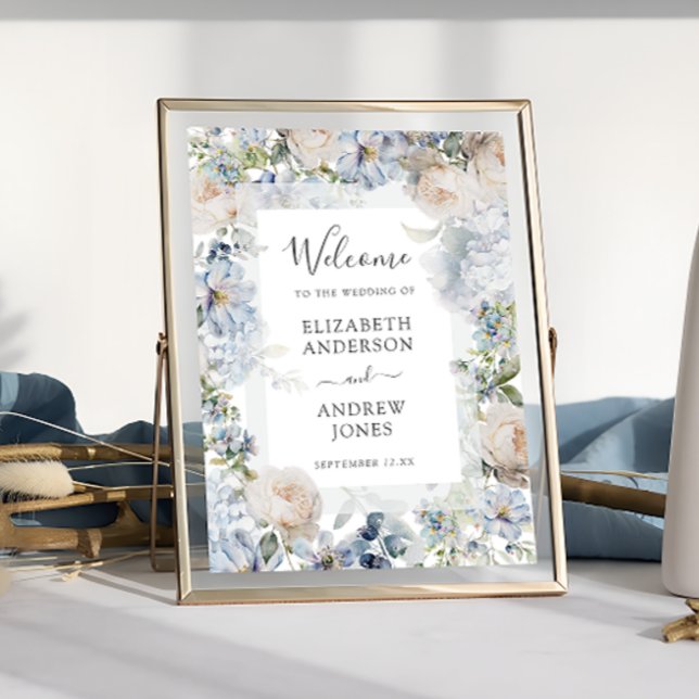 Affiche Elégante Dusty Blue Flowers Jardin Mariage Bienven (Créateur téléchargé)