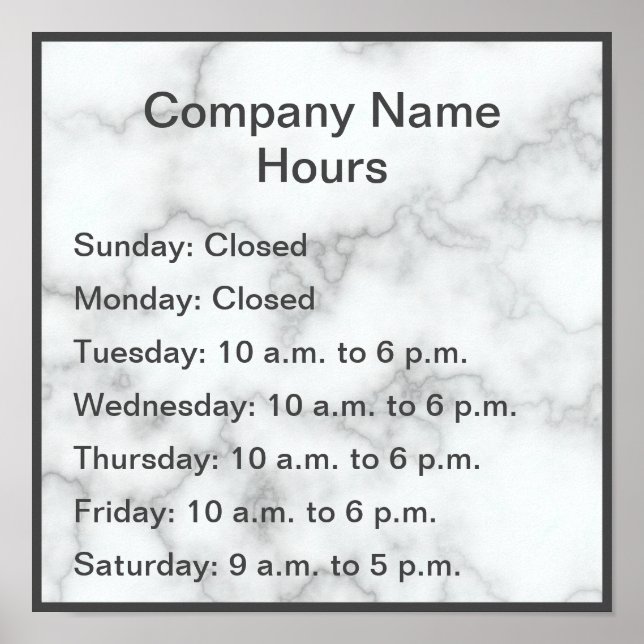 Affiche Elégante Faux Marbre Heures d'opération (Devant)