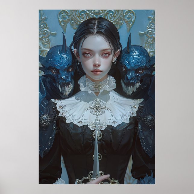 Affiche Élégante femme à Haired foncé dans Ornate Black Ro (Devant)