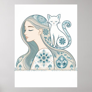 Affiche Elégante Femme & Chat Floral Art Nouveau Design