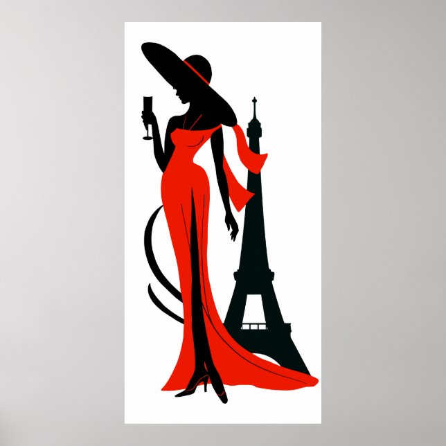 Affiche Elégante femme silhouette rouge robe avec verre (Devant)