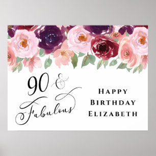 Affiche Elégante fête d'anniversaire Floral Bourgogne rose
