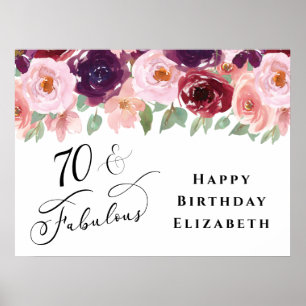Affiche Élégante fête d'anniversaire Floral Bourgogne rose