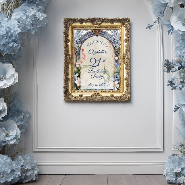 Affiche Élégante Fête de 21e Anniversaire baroque (Elegant Baroque Floral Frame 21st Birthday Party Poster - Print  | Digital Download)