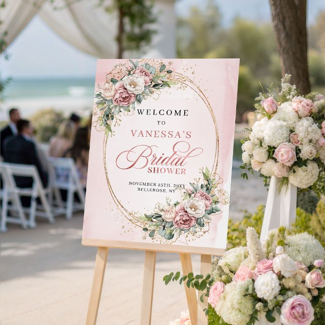 Affiche Élégante Fête de Mariage Florale Orée de Bienvenue (Elegant Blush Floral Gold Bridal Shower Welcome)