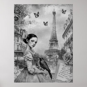 Affiche Élégante fille victorienne monochromatique à Paris