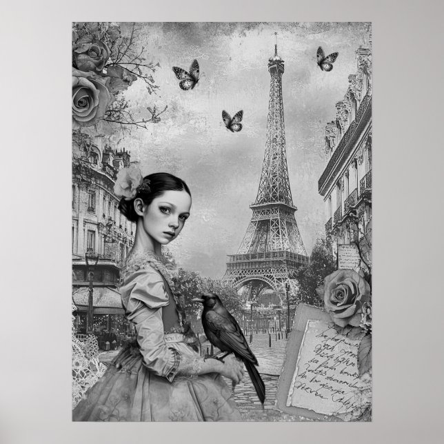 Affiche Élégante fille victorienne monochromatique à Paris (Devant)