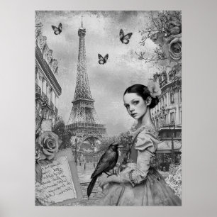 Affiche Élégante fille victorienne monochromatique à Paris