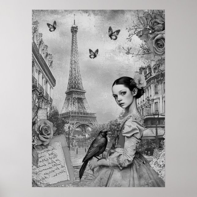 Affiche Élégante fille victorienne monochromatique à Paris (Devant)