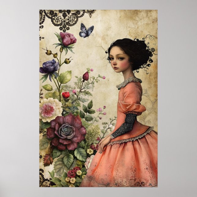Affiche Élégante fille victorienne unique dans un jardin f (Devant)
