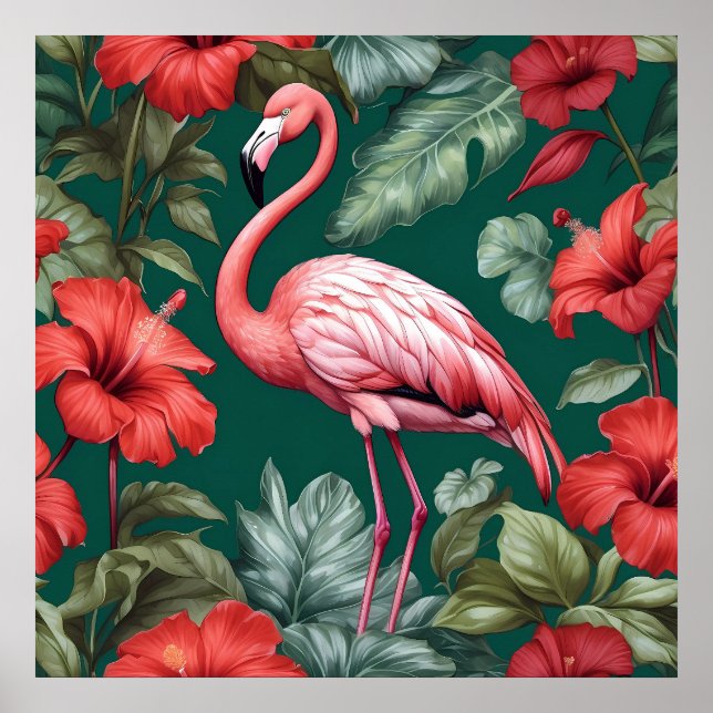 Affiche Elégante Flamant rose Hibiscus Fleurs Emerald Gree (Devant)