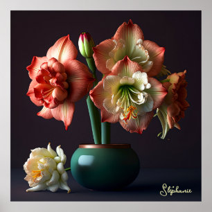 Affiche Élégante Fleur d'Amaryllis Blanc Orange
