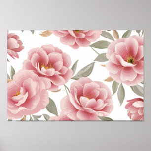 Affiche Élégante florale de Camellia rose avec Feuilles ve