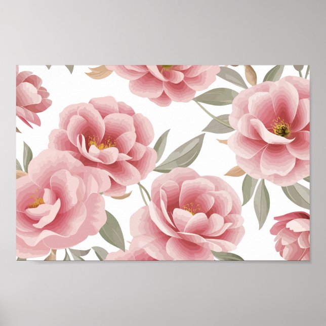 Affiche Élégante florale de Camellia rose avec Feuilles ve (Devant)