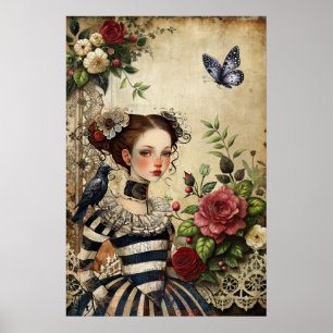 Affiche Elégante Gothique Girl & Raven Dans Jardin Rose
