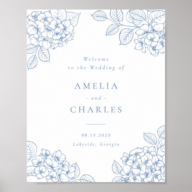 Affiche Élégante Hydrangea Bleue Florale Mariage Bienvenue (Devant)